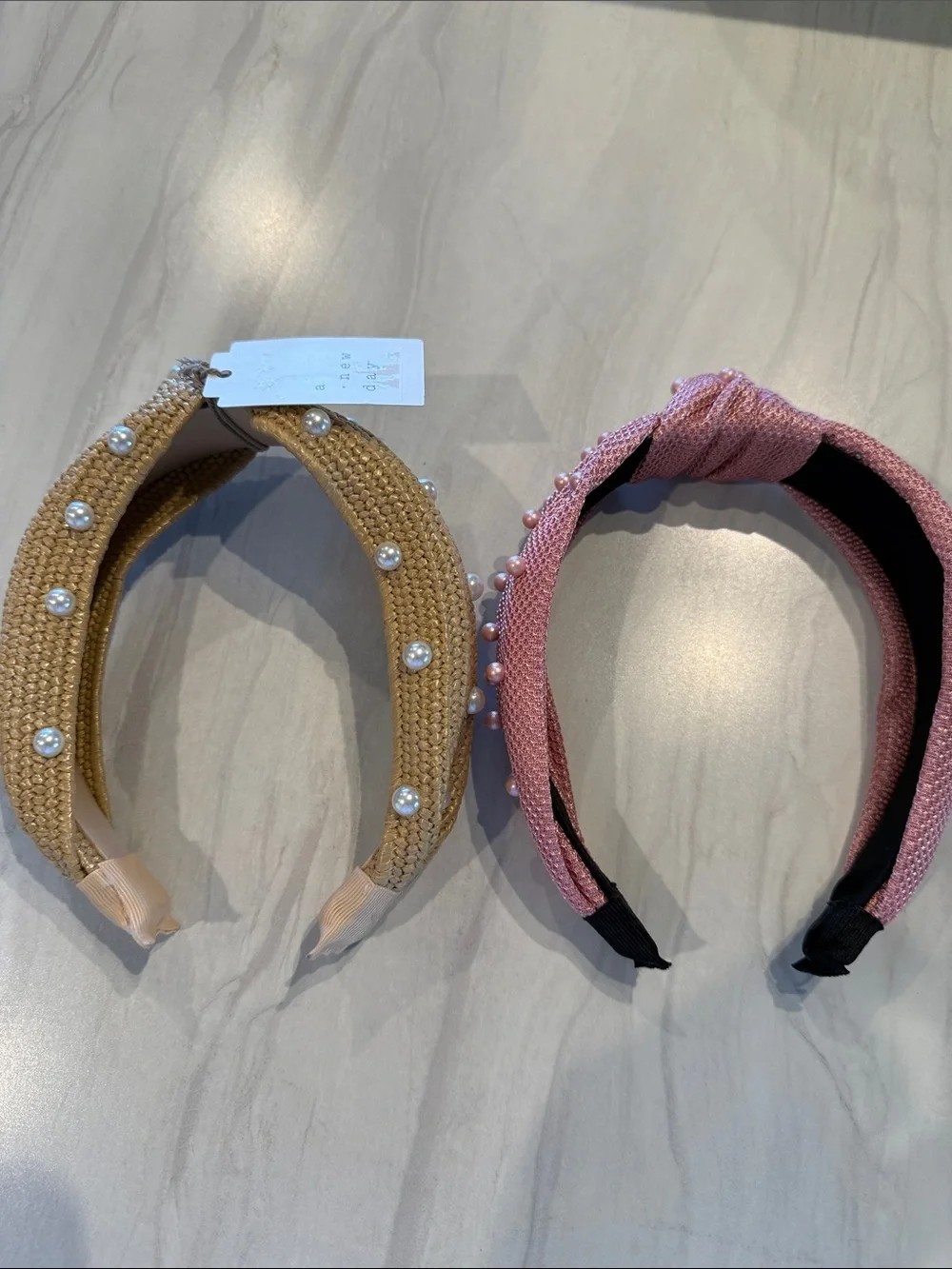 a new day Pearl-Embellished Straw and Pink Knitted Headbands